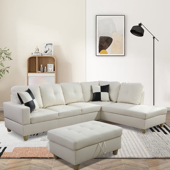 98" L-Shaped Modular Sectional Sofa with Cup Holders & Drop Table, Comfy 6 Seat Couch with Deep Seat, Chaise Lounge, Storage Ottoman, Modern Riveted Sofa Set for Living Room, Faux Leather White