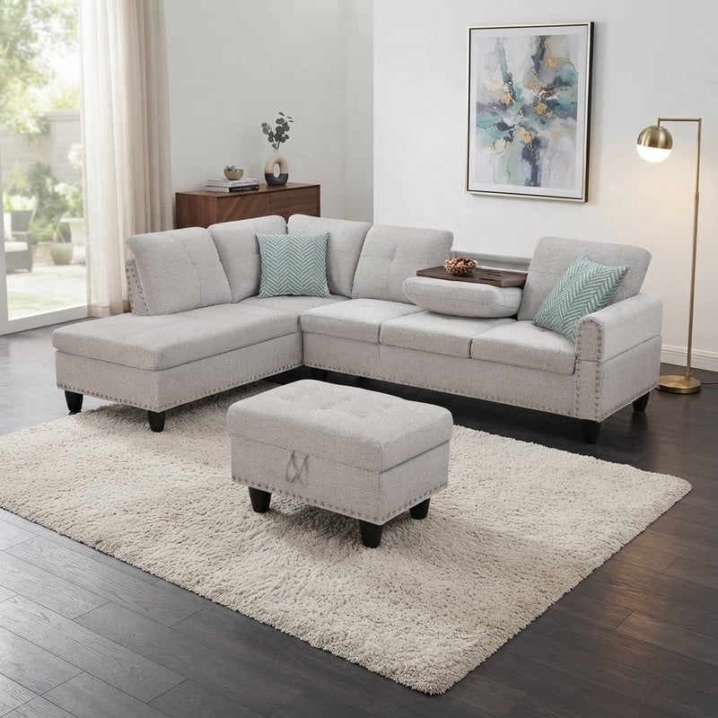 98" L-Shaped Sectional Sofa with Storage Ottoman, 4-Seat Linen Upholstered Modular Couch with Left Chaise, Drop-Down Backrest with Cup Holders, Nailhead Trim, 3-Piece Sofa Set for Living Room, Office