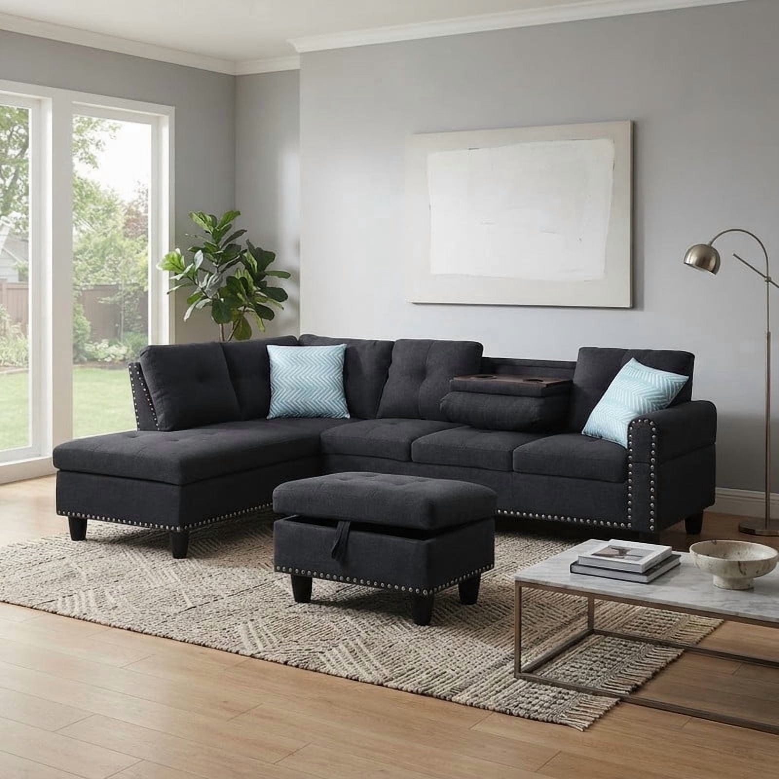 98" L-Shaped Sectional Sofa with Storage Ottoman, 4-Seat Linen Upholstered Modular Couch with Left Chaise, Drop-Down Backrest with Cup Holders, Nailhead Trim, 3-Piece Sofa Set for Living Room, Office