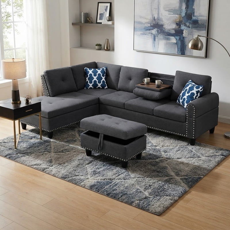 98" L-Shaped Sectional Sofa with Storage Ottoman, 4-Seat Linen Upholstered Modular Couch with Left Chaise, Drop-Down Backrest with Cup Holders, Nailhead Trim, 3-Piece Sofa Set for Living Room, Office