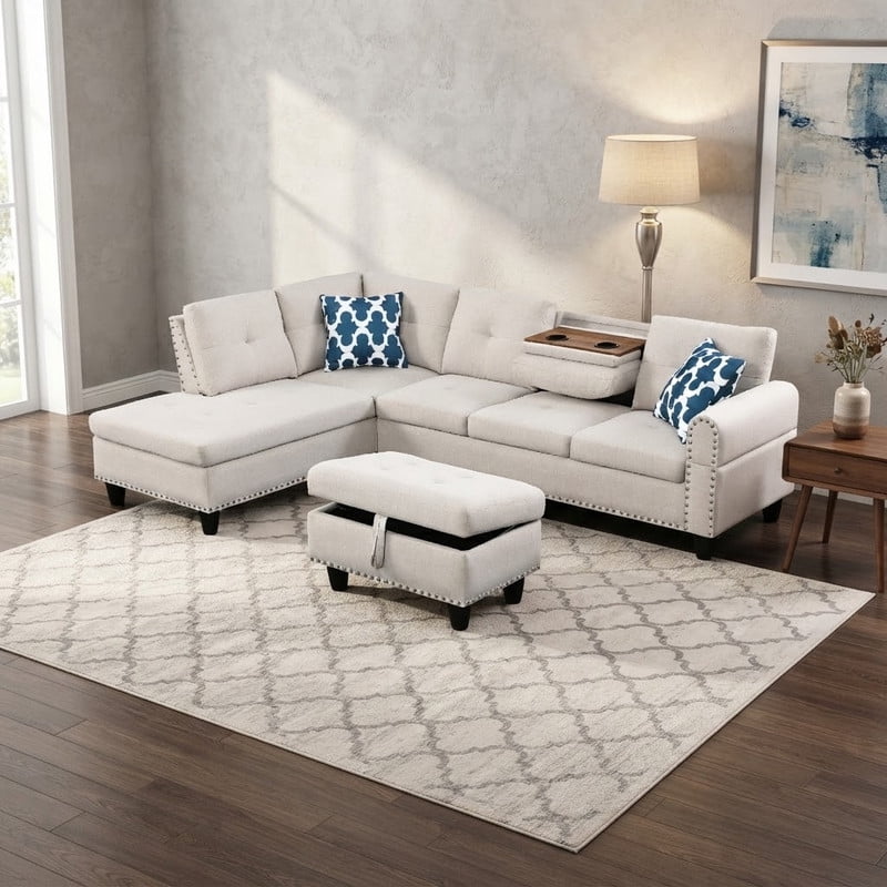 98" L-Shaped Sectional Sofa with Storage Ottoman, 4-Seat Linen Upholstered Modular Couch with Left Chaise, Drop-Down Backrest with Cup Holders, Nailhead Trim, 3-Piece Sofa Set for Living Room, Office