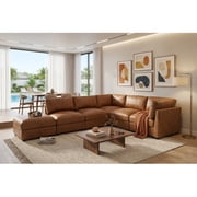 98" Modular Sectional Sofa, 6-Seat Faux Leather Sectional Couch with Flexible Configuration, Medium-Firm Cushions, Modern Living Room Sofa Set, Brown