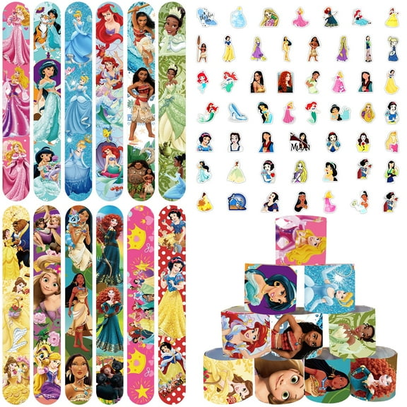 98 PCS Princess Party Favors, Princess Theme Slap Bracelets and Stickers Goodie Bag Stuffers for Kids Birthday Party Supplies Baby Shower Decorations
