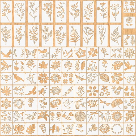 98 Pcs Painting Stencil Set, with Insects Flowers Leaves Animals Patterns Drawing Stencil, Textile Printing template Template, Reusable Templates for Gift Cards, DIY, Clothing, Photo Albums