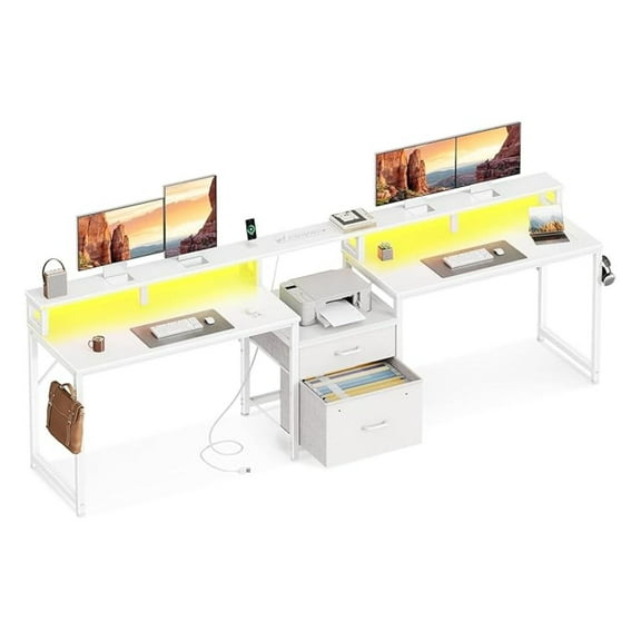 98" Two Person Computer Desk with Drawers & File Cabinet, Gaming Desk with Power Outlet, LED Lights & Monitor Stand, Home Office Long Desk with Storage Shelves, White