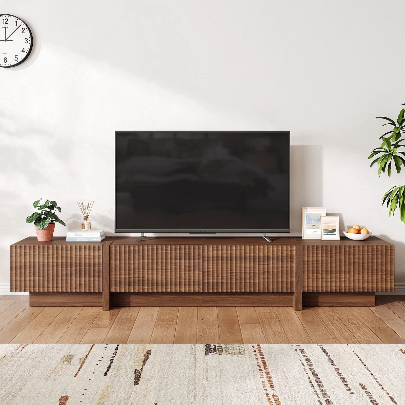 98" Walnut Modern TV Stand, Large Entertainment Center with Drawers & Storage Compartments, Fits 55"-95" TVs for Living Room