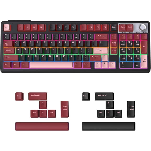 98% Wireless/Wired Membrane Keyboard for Gaming/Office,with knob,4000mAh Battery,BT5.0/2.4G/USB-C,RGB Backlit PBT Keycaps,Compatible with PC/Mac,Bonus Keycaps 2 Sets(8 Each),Computer Keyboard