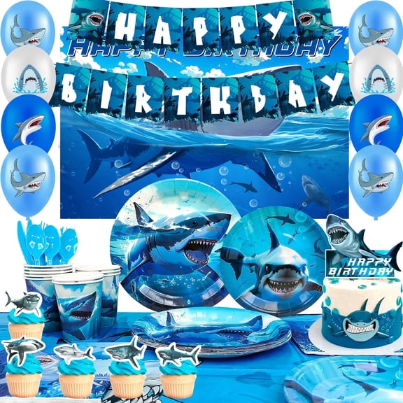 98 pcs Shark Birthday Party Decorations, 10 Guests Shark Party Tableware Set Shark Plates Napkins Tablecloths Shark Balloons Banner Shark Cake Toppers etc Shark Party Supplies