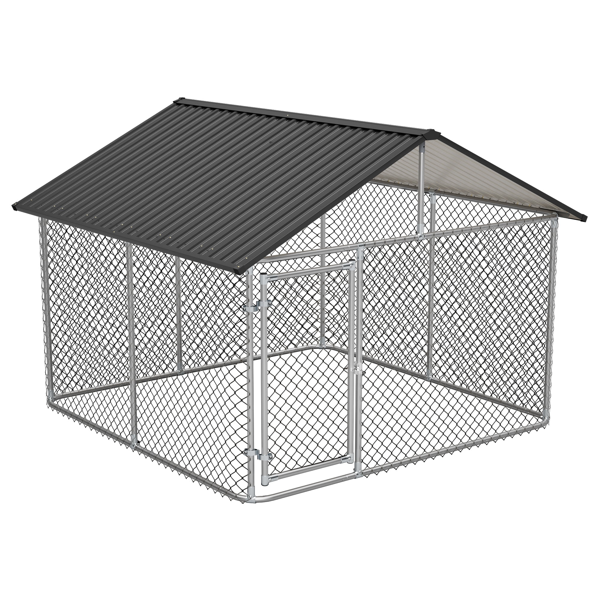 98" x 73"Heavy Duty Dog Kennel with Roof, Large Outdoor Metal Dog Cage, Waterproof Anti-UV Dog Run with Lockable Door, Spacious Dog House for Backyard,Grey