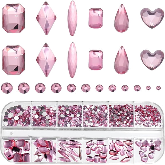 980Pcs Pink Multi Shapes Nail Rhinestones, Big Gems and Flatback Round Beads, 3D Glass Stones Crystal Diamonds Jewelry for Nail Art Crafts DIY Faces Eyes Makeup Stones Diamonds Jewels (Pink)