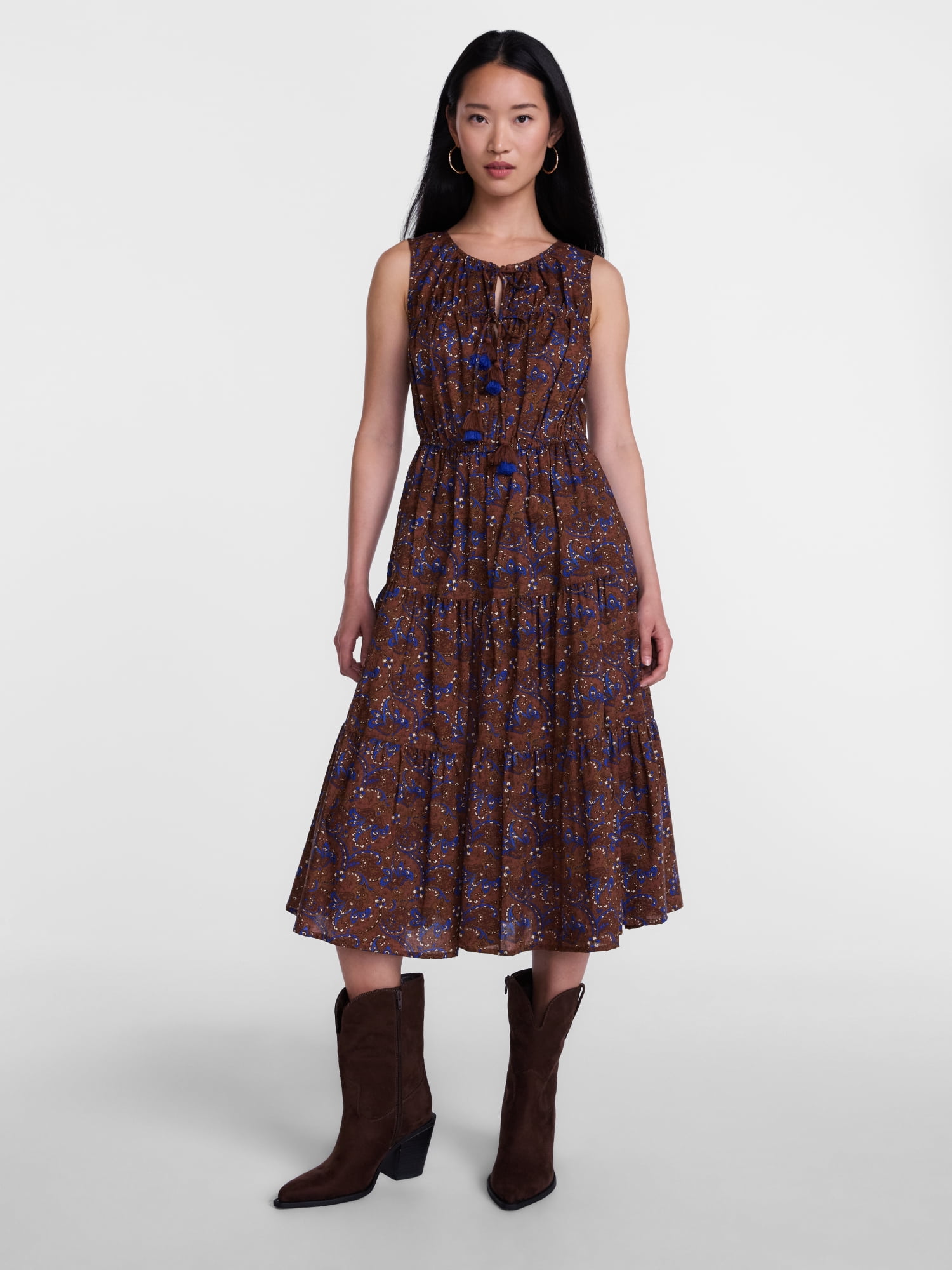 Scenario Women's and Women's Plus Sleeveless Tie Neck Tiered Midi Dress, Sizes XS-4X