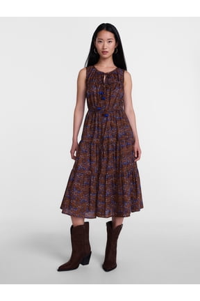 Women's and Women's Plus Sleeveless Tie Neck Tiered Midi Dress, Sizes XS-4X