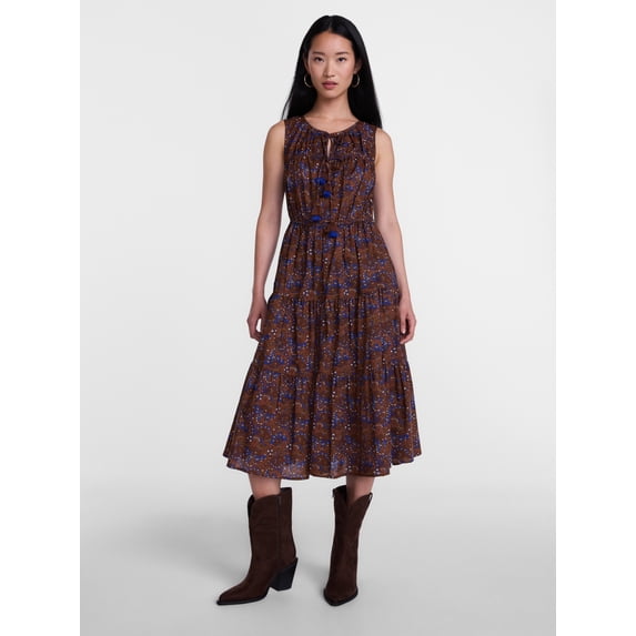 Scenario Women's and Women's Plus Sleeveless Tie Neck Tiered Midi Dress, Sizes XS-4X