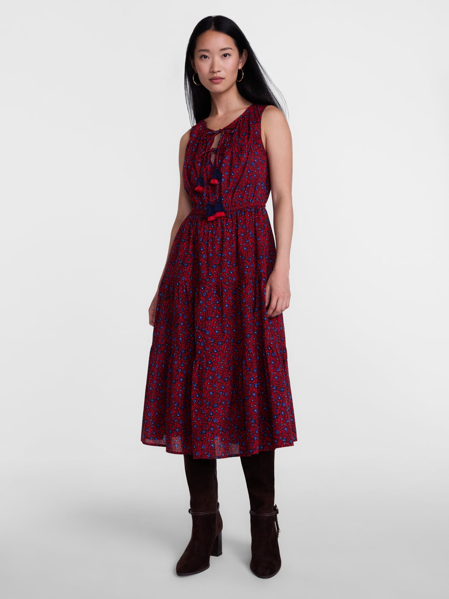 Scenario Women's and Women's Plus Sleeveless Tie Neck Tiered Midi Dress, Sizes XS-4X