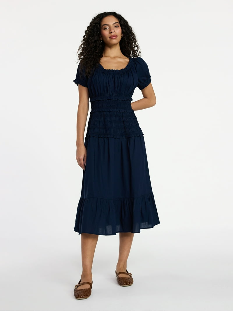 Time and Tru Women's Smocked Cotton Peasant Dress with Short Sleeves, Sizes Xs-xxxl, Blue