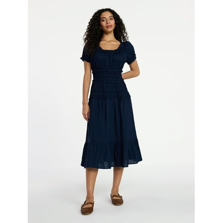 Time and Tru Women's Smocked Cotton Peasant Dress with Short Sleeves, Sizes XS-XXXL
