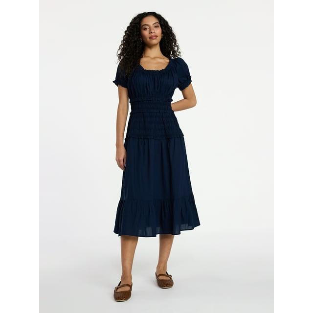 Time and Tru Women's Smocked Cotton Peasant Dress with Short Sleeves, Sizes XS-XXXL