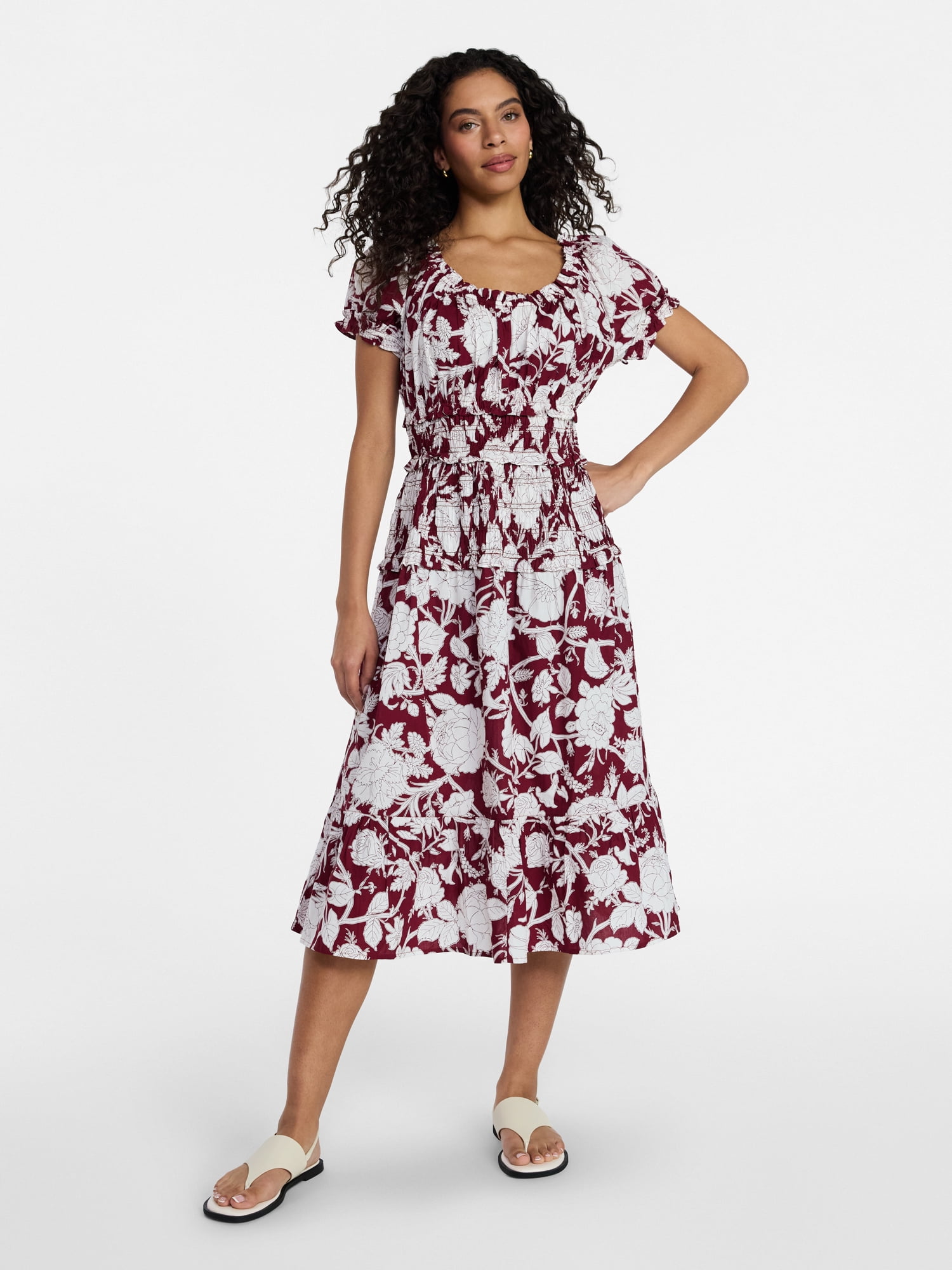 Time and Tru Women's Smocked Cotton Peasant Dress with Short Sleeves, Sizes XS-XXXL