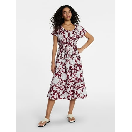 Time and Tru Women's Smocked Cotton Peasant Dress with Short Sleeves, Sizes XS-XXXL