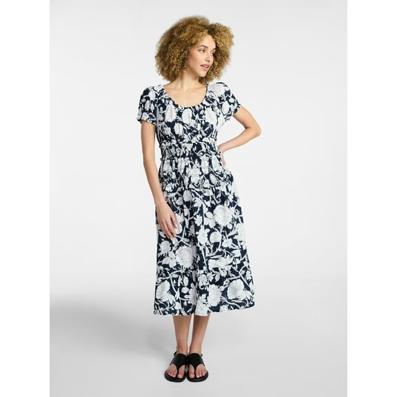 Time and Tru Women's Smocked Cotton Peasant Dress with Short Sleeves, Sizes XS-XXXL