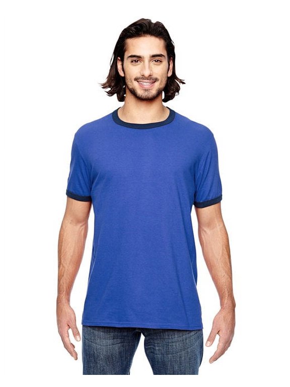 988AN Anvil Adult Lightweight Ringer T-Shirt Heather Blue/True Navy S