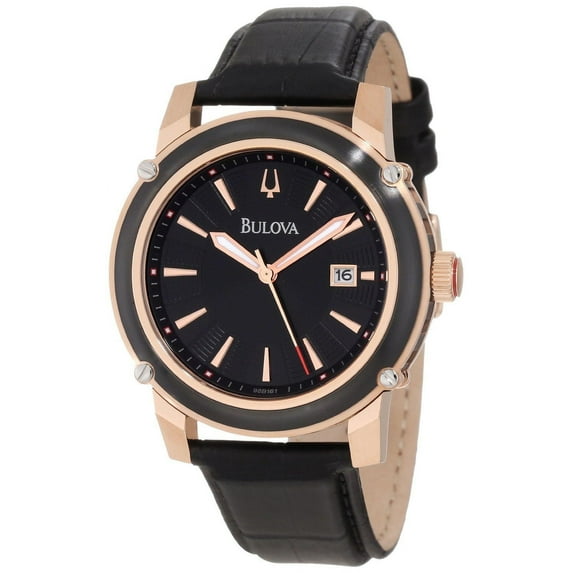 98B161 Men's Round Analog Date Black Rose Gold Tone Leather Watch