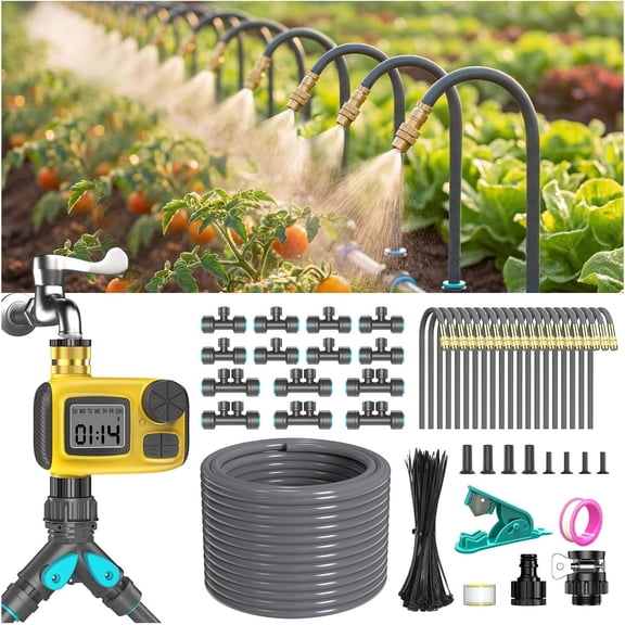 98FT 1/2" Drip Irrigation System Kit with Smart Water Timer for Garden,Automatic Watering System with 20pcs 360 Adjustable Copper Nozzles, Irrigation System for Garden,Yard, Lawn,Greenhouse
