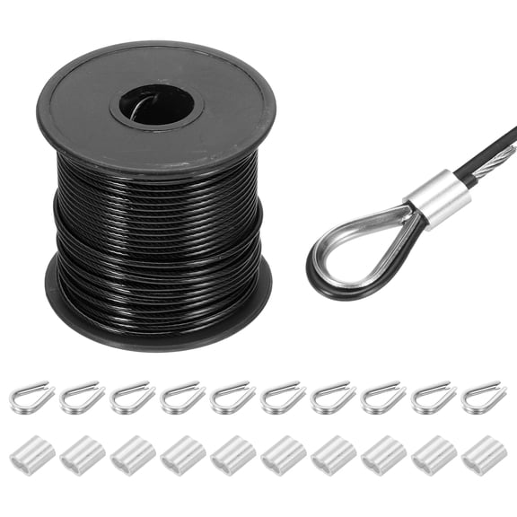 Uxcell 98 ft Wire Rope 304 Stainless Steel Cable 1/12" Vinyl Coated with 10Pcs Aluminum Sleeves and Thimble for Hanging Clotheslines Li fting Black