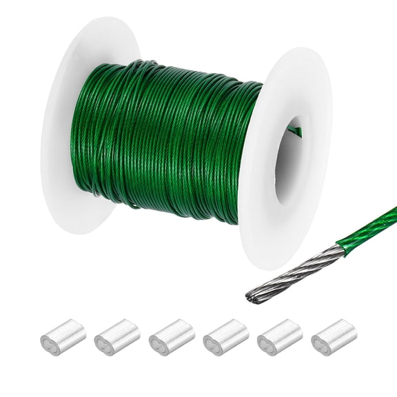 Uxcell 98Ft Wire Rope 304 Stainless Steel Cable 1/32" 6Pcs Sleeve Green