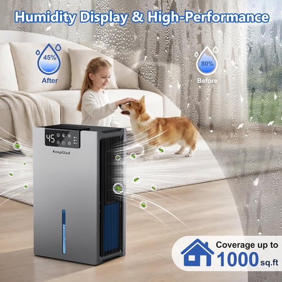 98OZ Dehumidifier for Home, 1000sq.ft Capacity with Digital Display, Auto Shut Off, Washable Filter, Drain Hose, Timer & 7 Ambient Lights for Basement Bedroom Bathroom Gray