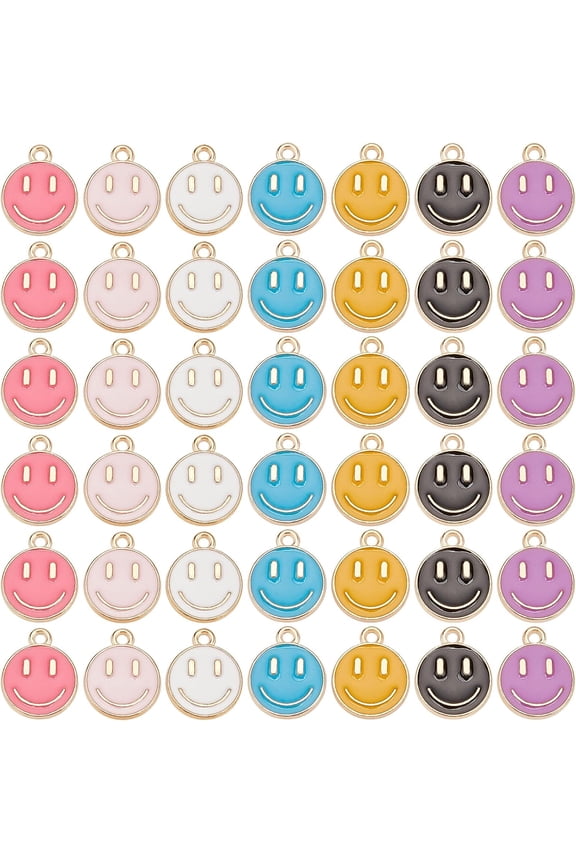 98Pcs 7 Colors Face Charms Pendants Alloy Enamel Charms with 14.5x12mm Light Gold Happy Face Enamel Pendant for Jewelry Making Hole: 1.5mm for DIY
