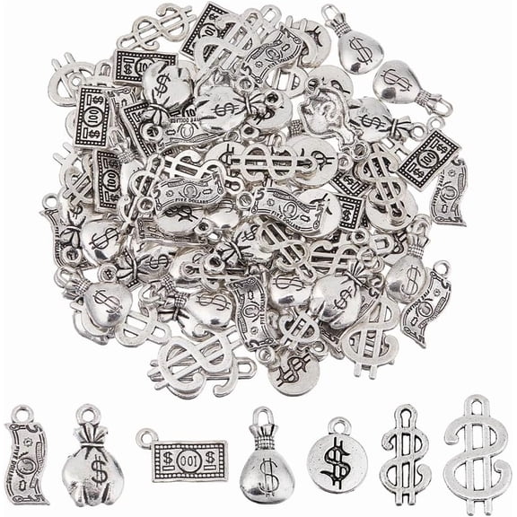 98Pcs 7 Styles Money Charms Bulk Charm Alloy Dollar Bill Charm 100 Sign Cash Charms Currency Pendant Metal Bill Pendants for DIY Necklace Bracelet Earring Jewelry Making Clear