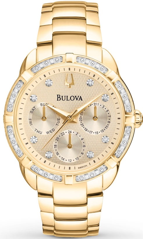 Bulova Maribor 98R171 Gold Tone Watch Diamond Bezel Day Date Women 36mm 98R171 Women main image 4