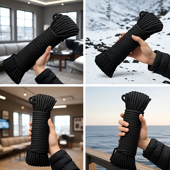98m/320ft Heavy-Duty 8-10mm Black Nylon Braided Rope - Weather-Resistant for Outdoor Camping, Clothesline, Tent Guy Lines, Christmas Decorations, and Camping Accessories