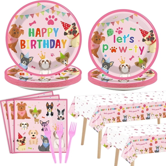 98pcs Dog Birthday Party Decorations Puppy Tableware Set Napkins Pink Dog Theme Tablecloth for Girl Birthday Lets Pawty Party Supplies Kit Pet Dogs Table Cover Dinnerware Paw Print Theme Favors Y102