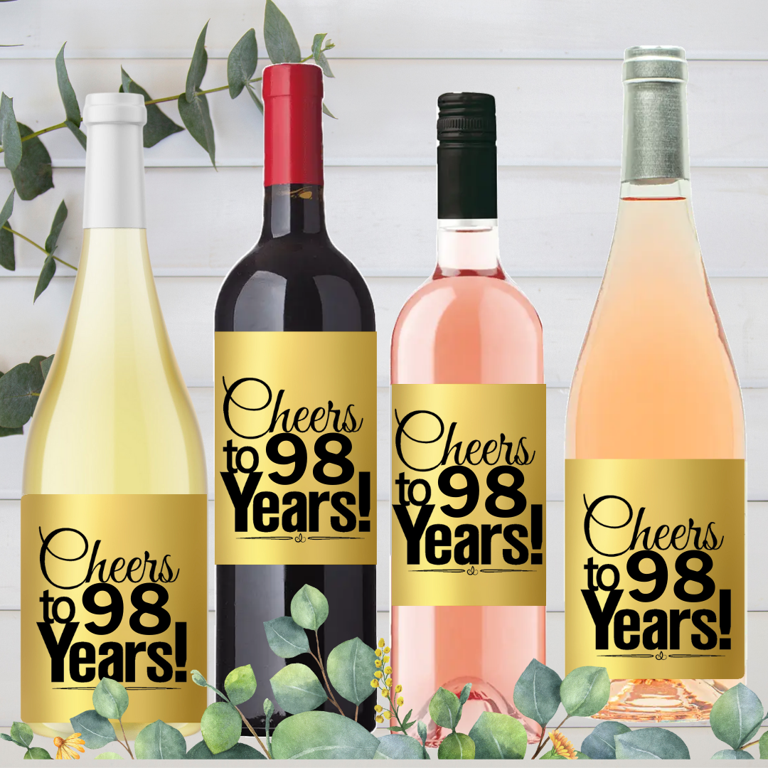 Cakesupplyshop Item#098CWB 98th Birthday / Anniversary Cheers Metallic Gold Wine Bottle Labels-8ct