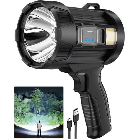 99,000 Lumens Rechar able Spotlight Flashlight, Super Bright Handheld LED Spot Light with Solar Panels, COB Light & 3 Color Filters, IPX5 Waterproof for Camping, Boating, Home