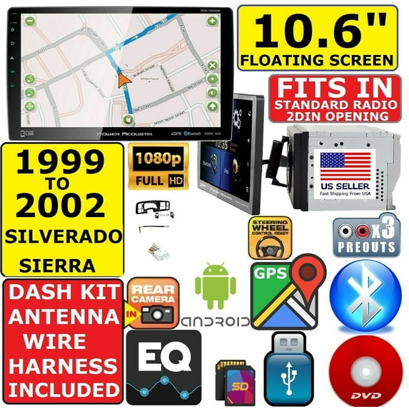 99-02 SILVERADO SIERRA NAV SYSTEM DVD TOUCHSCREEN BLUETOOTH USB CAR STEREO RADIO INCLUDES VEHICLE SPECIFIC INSTALLATION HARDWARE INCLUDING DASH KIT, WIRE HARNESS, AND ANTENNA ADAPTER WHEN REQIRED.