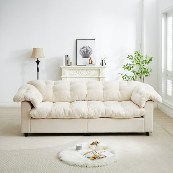 99.2" Chenille Modern Comfort Deep Seat Sofa, Upholstered Fluffy Cloud Sofa Suitable for Living Rooms, Bedrooms, Offices and Apartments (Beige)