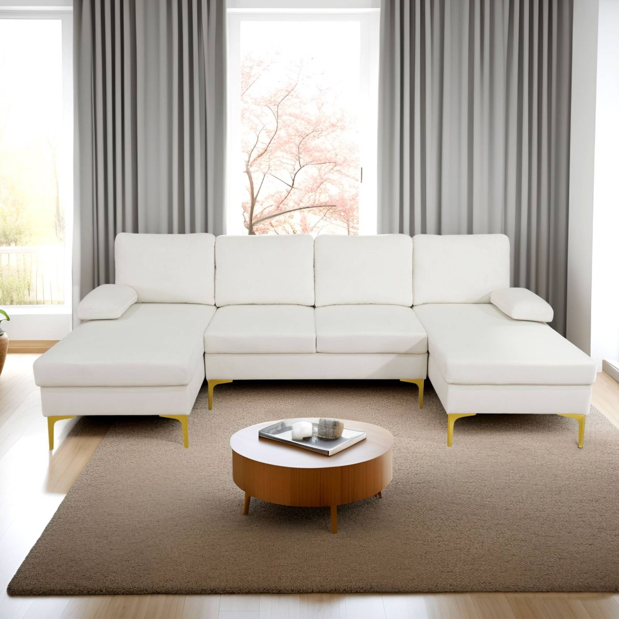 99.5" U-Shaped Sectional Sofa with Double Chaise, Modern Modular Sleeper Couch with Gold Metal Legs, Living Room Sofa Set, Off-white