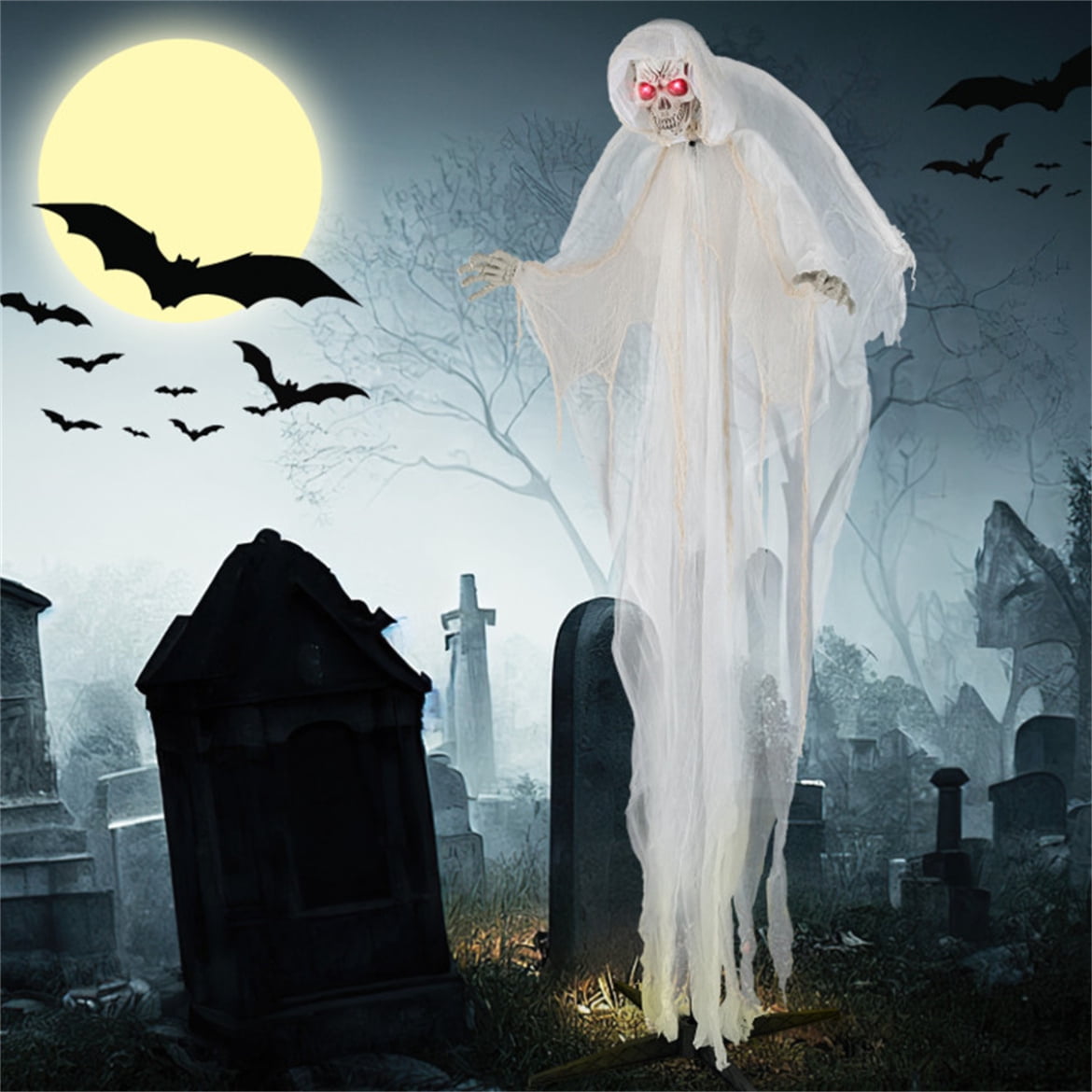 99.6" Halloween Animated Standing Prop, Haunted Angel with Lighted Eyes
