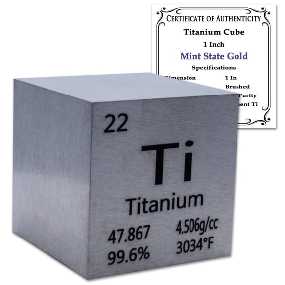 1" Titanium Cube 99.6% Pure Element Design w/Certificate of Authenticity by Mint State Gold