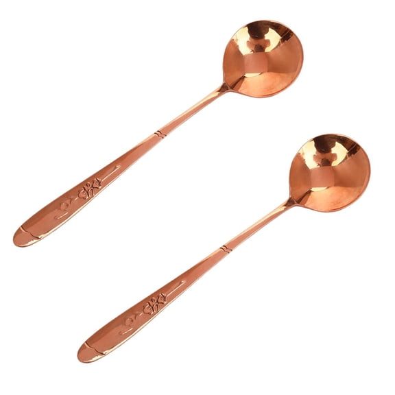 99.9% Pure Copper flower Embossed Design, Set of 2，Thick Soup Spoon, Copper Dinner Spoon, Copper Tableware (Length：6.5'', width：1.6'')