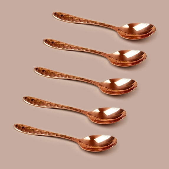 99.9% Pure Copper Spoon Hammered Design, Set of 5,Soup Spoon, Copper Tableware (Length:7 inches, width:1.4inches)