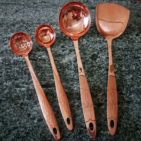 Wollet 99.9% Pure Solid Copper Utensils, Thick Copper Spoon & Copper Colander Spatula, Set of 4