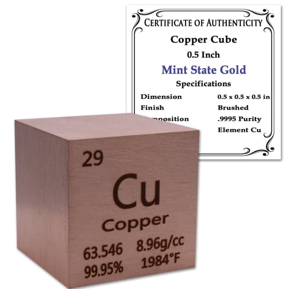 99.95% Pure 0.5" Copper Cube - Element Design with Certificate of Authenticity