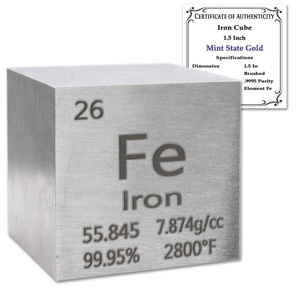 99.95% Pure 1.5" Inch Iron Cube - Element Design with Certificate of Authenticity