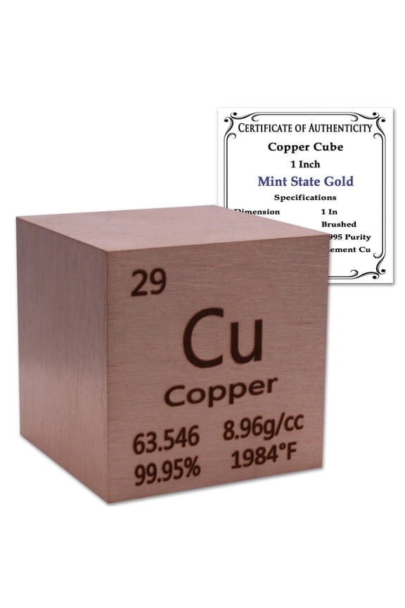 99.99% Pure 1" Inch Copper Cube - Element Design w/CoA by Mint State Gold