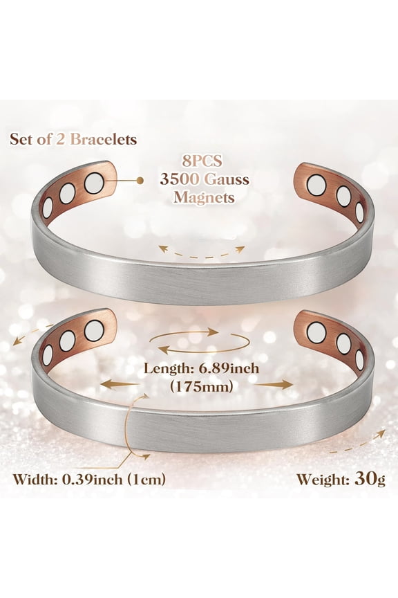 99.99% Pure Copper Bracelets with 3500 Gauss Magnets, Adjustable Cuff Jewelry, Set of 2