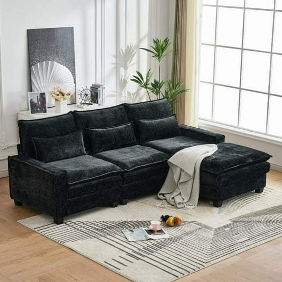 99'' Cloud Couch Black Sectional Deep Seat L-Shaped Chenille Sofa with 4 Seats and Movable Ottoman, comfy sectional couches for living room